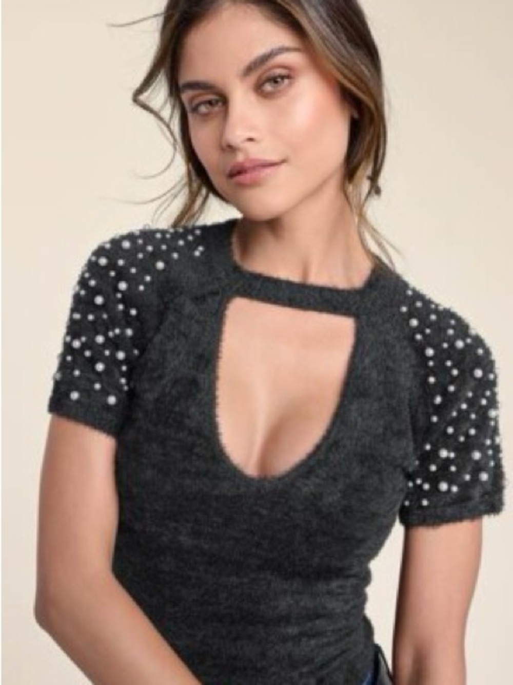 Faux Fur short sleeve black top